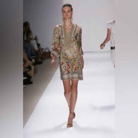 Nicole Miller Silk Long Sleeve Dress with Gold, Brown,  and Cream Pattern Medium - Picture 1 of 7
